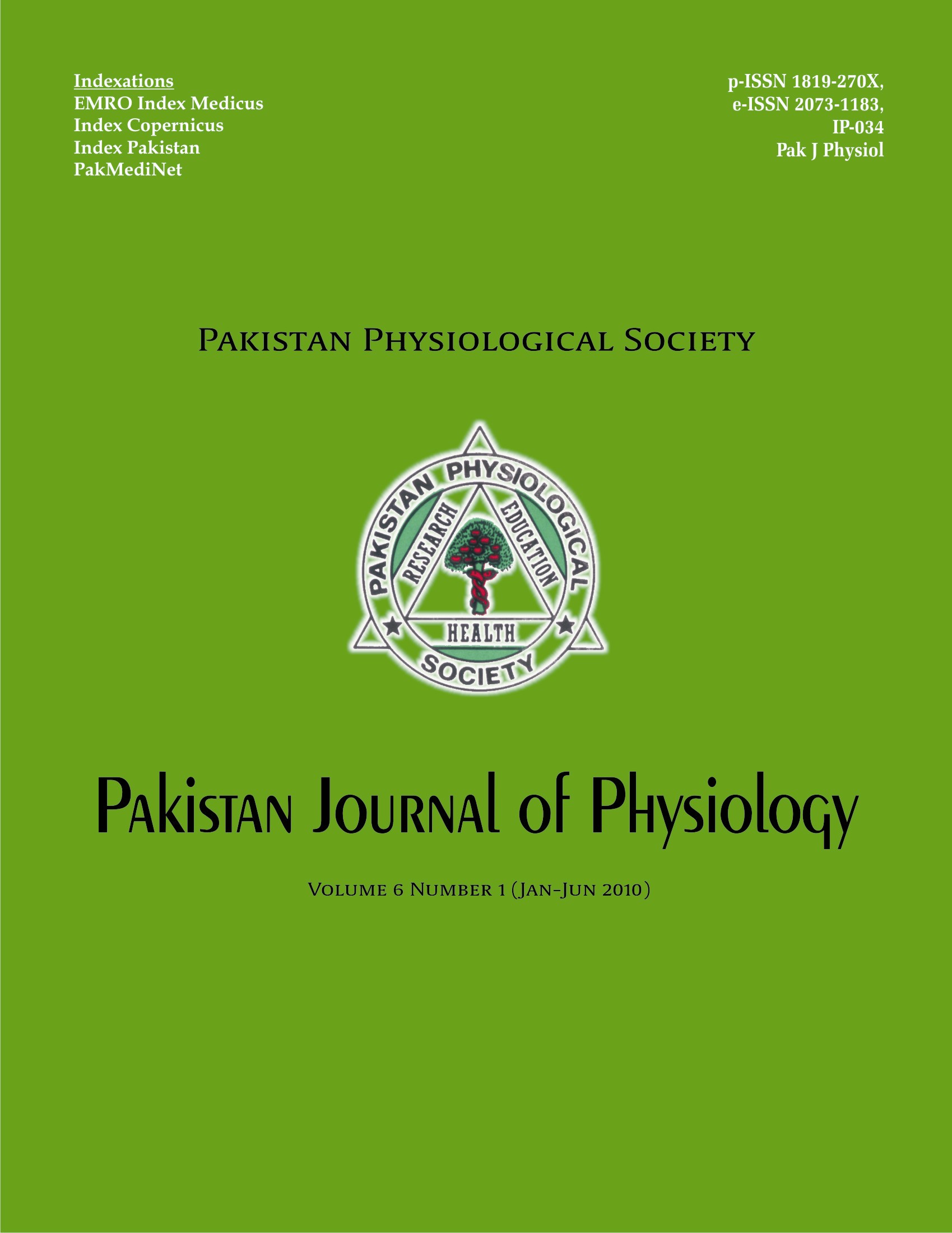 					View Vol. 6 No. 1 (2010): Pakistan Journal of Physiology
				